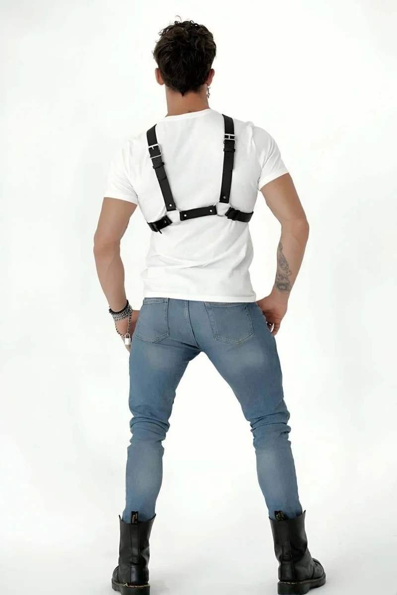 Göğüs Detaylı Arkadan Bağlamalı Erkek  Deri Harness - Brfm84