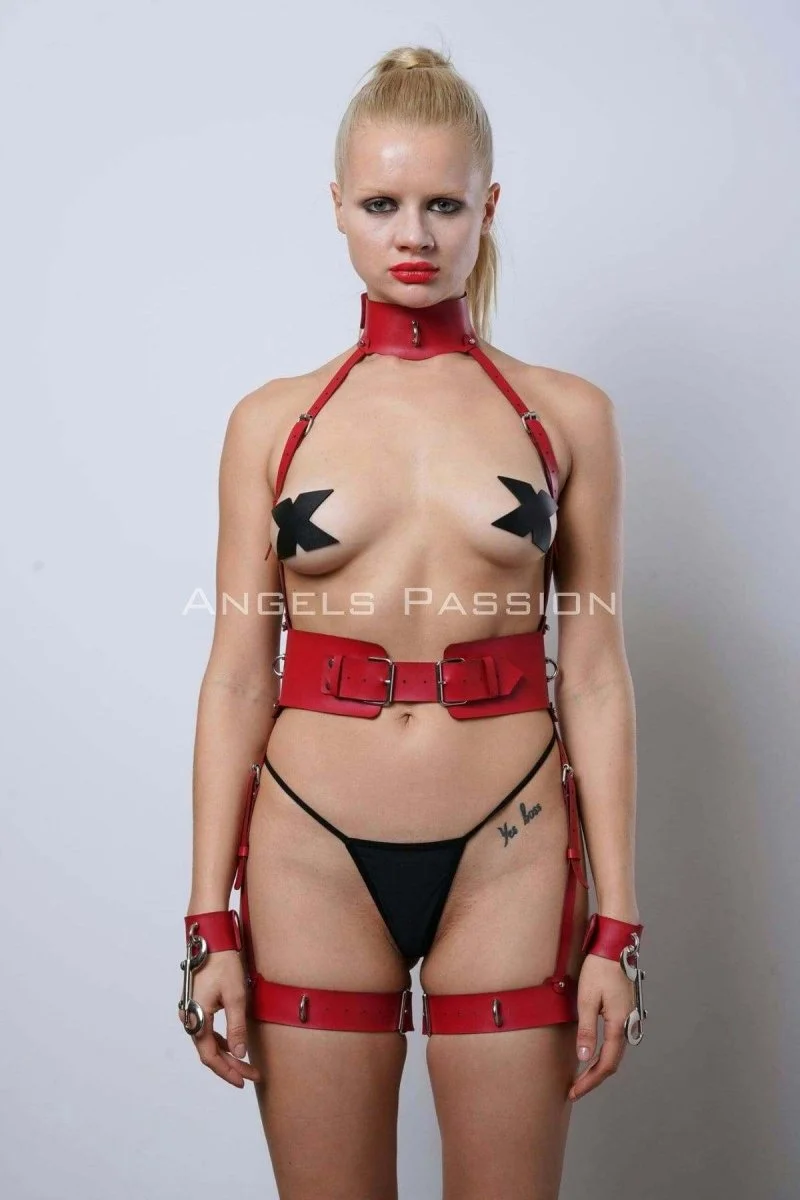 Boyuna Bağlanabilen Kelepçeli Harness Takım, Deri Fantezi İç Giyim Set - Brf1338