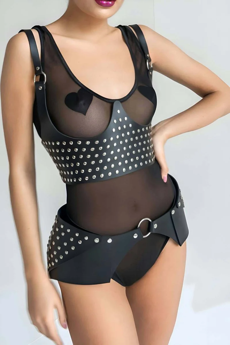 Perçin Detaytlı Şık Kemer Ve Harness Takım - Brf1303