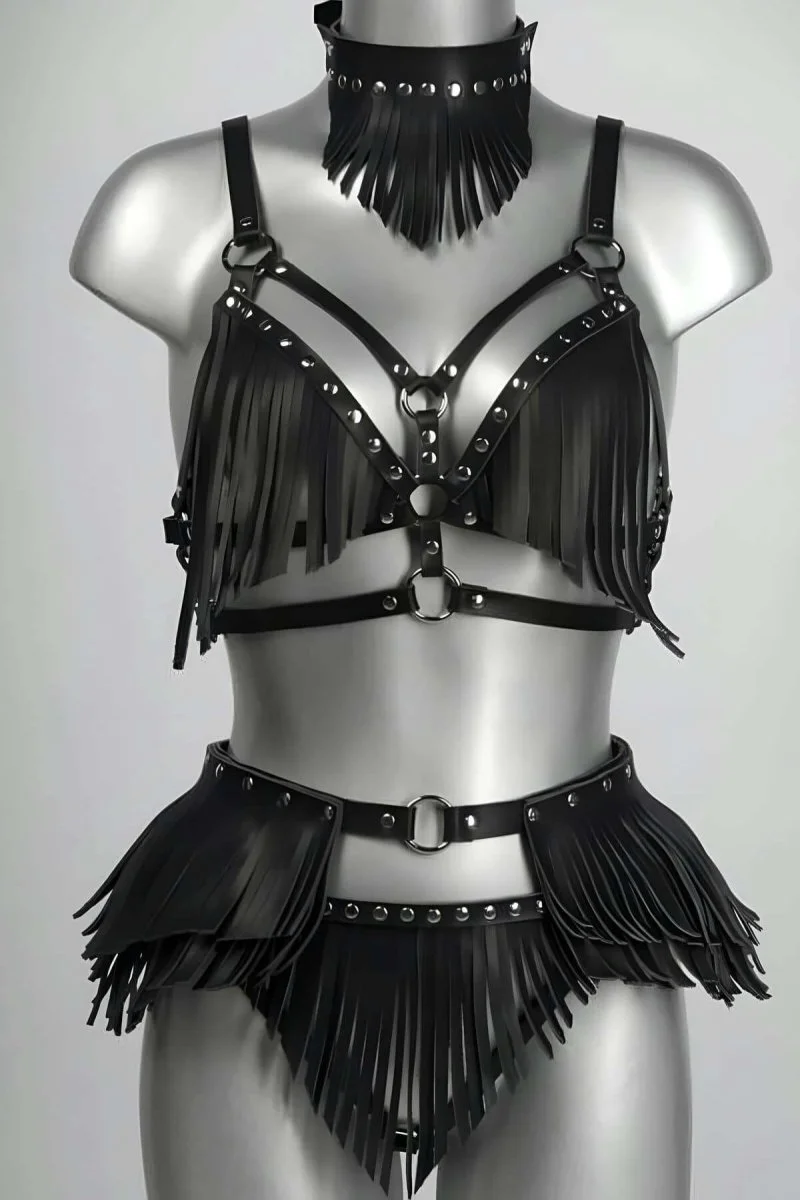 Püskül Detaylı Şık Deri Harness Takım - Brf627