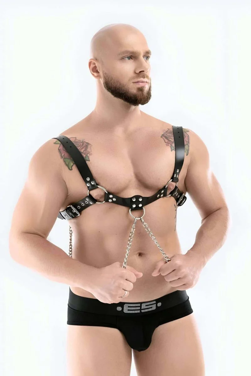 Zincir Detaylı Şık Erkek  Deri Bulldog Göğüs Harness - Brfm109