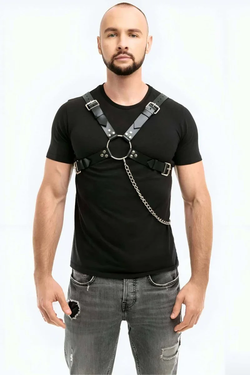 Zincir Detaylı Deri Erkek  Göğüs Harness - Brfm95