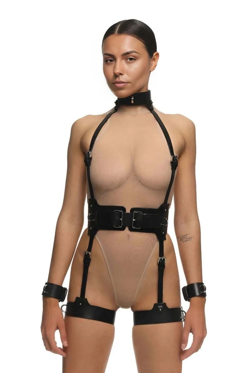 Fantazi Deri İç Giyim, Boyundan Kelepçeli Şık Harness Takım - Brf1338