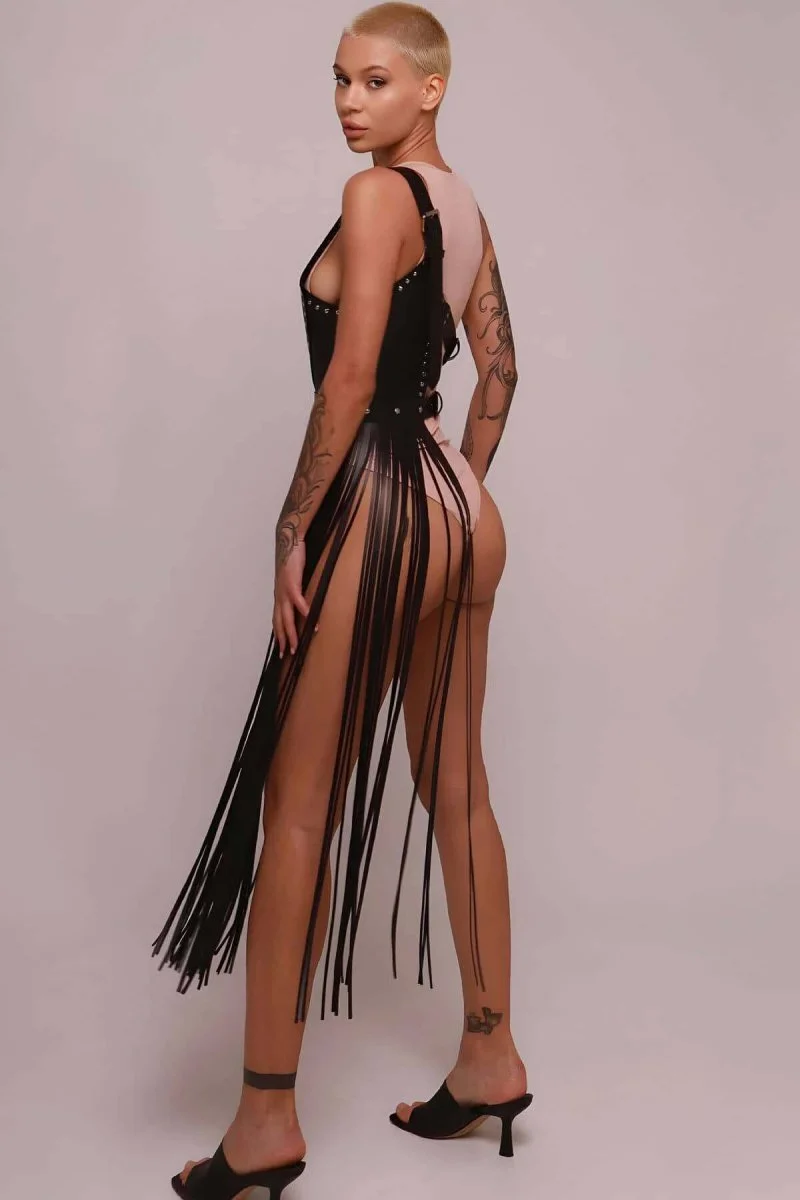 Püsküllü Deri Ceket Harness, Püsküllü Seksi Deri Harness - Brf1014