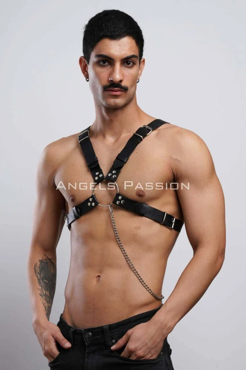 Zincir Detaylı Deri Erkek  Göğüs Harness, Partywear, Clubwear - Brfm95