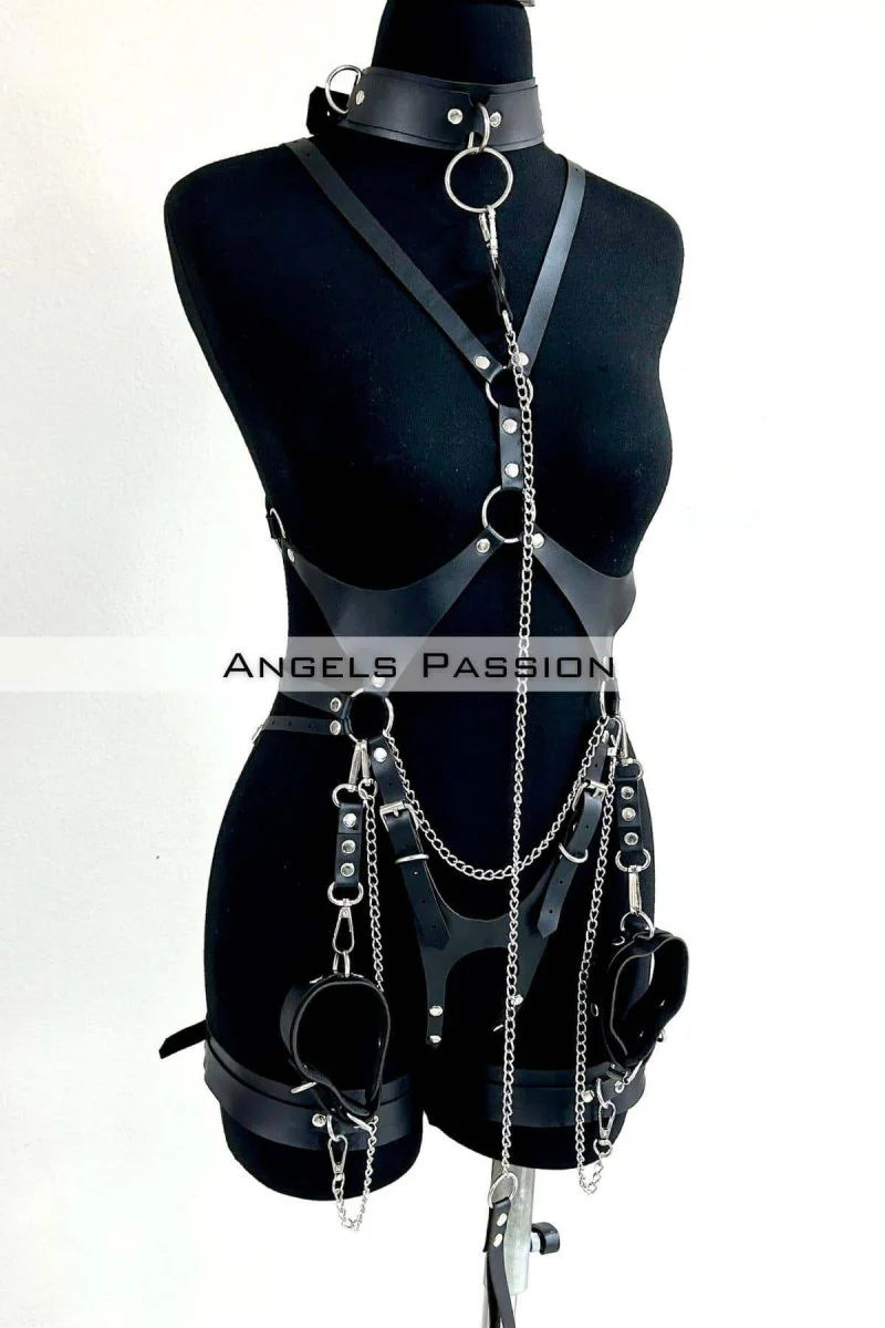 Tasma Ve Zincir Detaylı Şık Deri Harness, Deri Fantezi Giyim- Brf1225