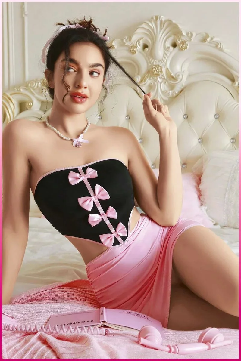 Kadın Pembe Ekose Etekli Seksi Kostüm