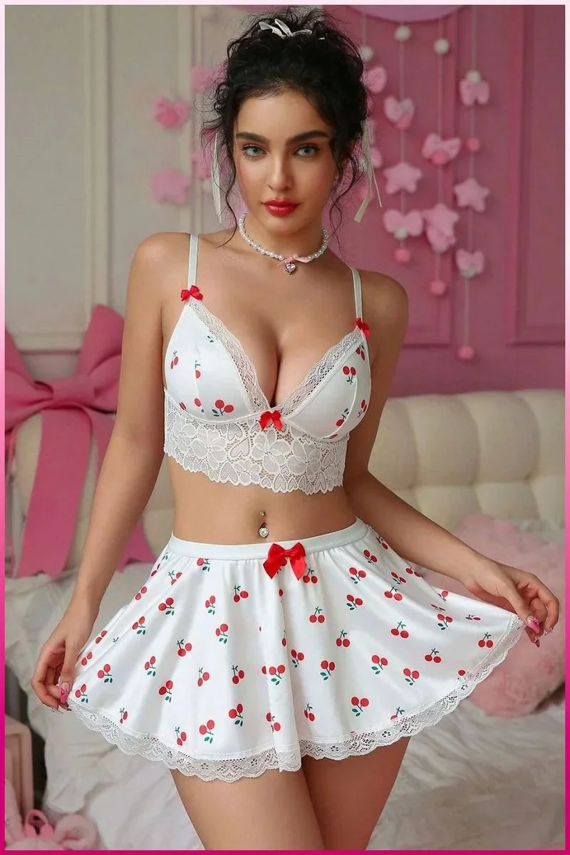 Kadın Kirazlı Fiyonklu Seksi Kostüm