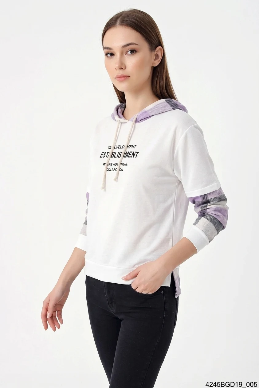 Kadın Kapüşonlu Ekose Desenli Beyaz Sweatshirt