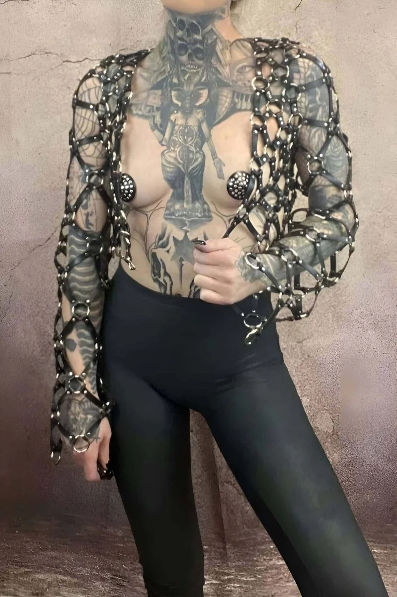 Çapraz Tasarım Uzun Kollu Deri Crop Bağlamalı Büstiyer Harness- Brf1076