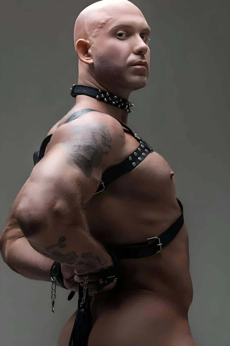 Erkek  Fantazi Giyim, Deri Erkek  Harness Takım, Çivili Choker, Kırbaç - Brfm102