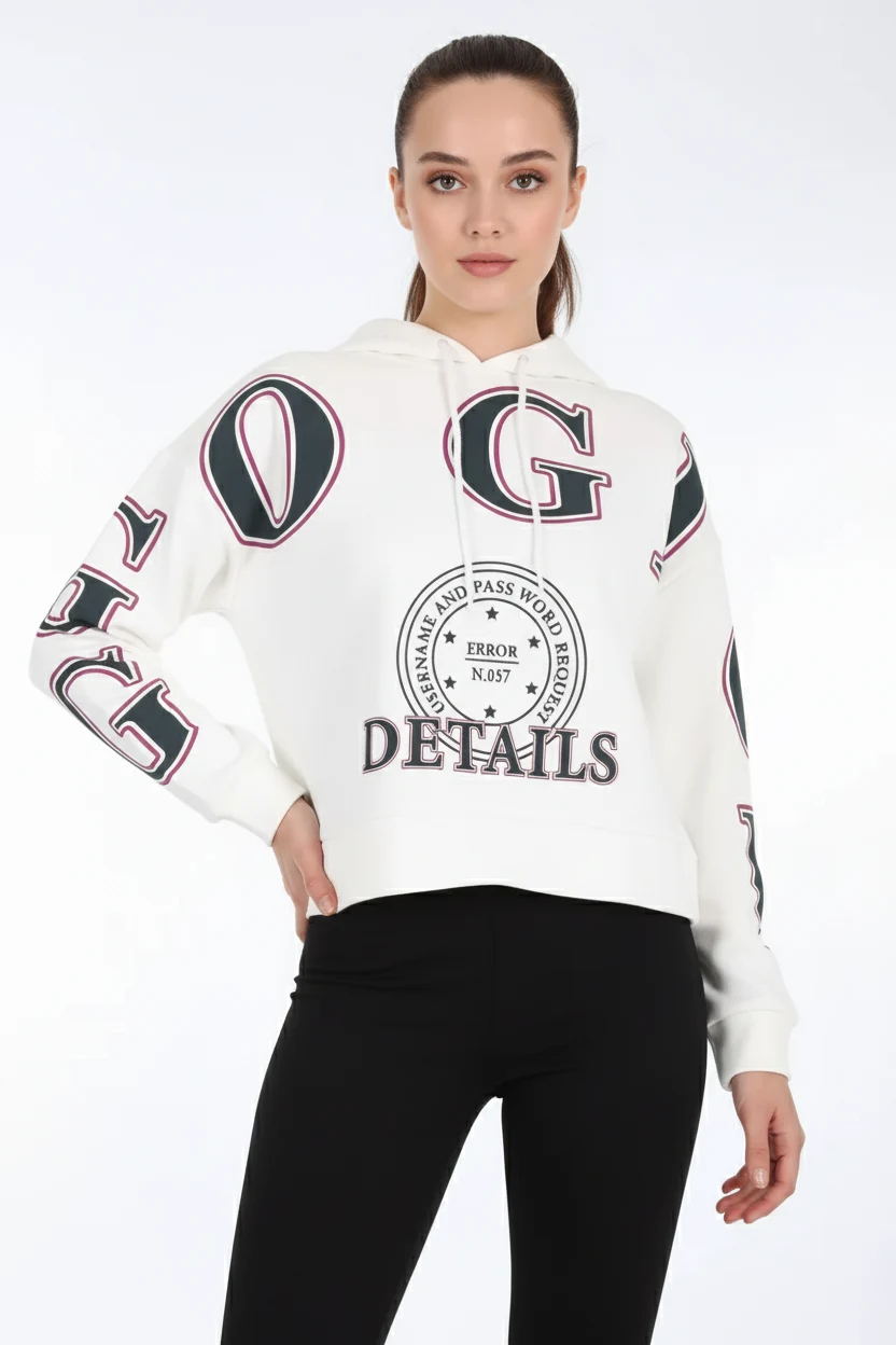 Kadın Kapüşonlu Baskılı Pamuklu Beyaz Sweatshirt