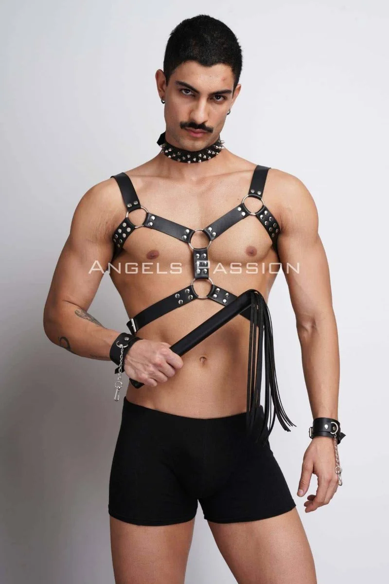Kırbaç Ve Çivili Choker Detaylı Erkek  Fantazi Giyim, Deri Erkek  Harness Takım - Brfm102