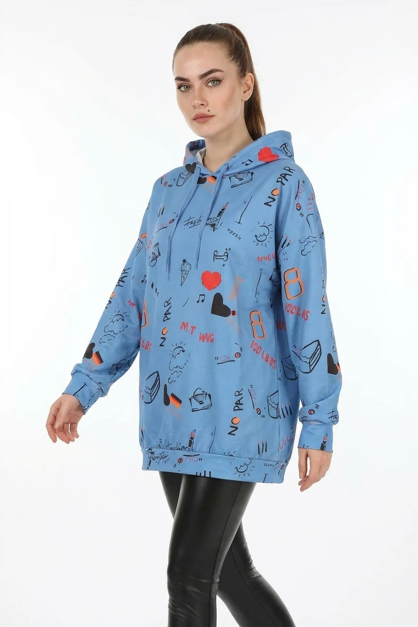 Kadın Sıfır Yaka Oversize Kapüşonlu Grafik Desenli Pamuklu İndigo Sweatshirt