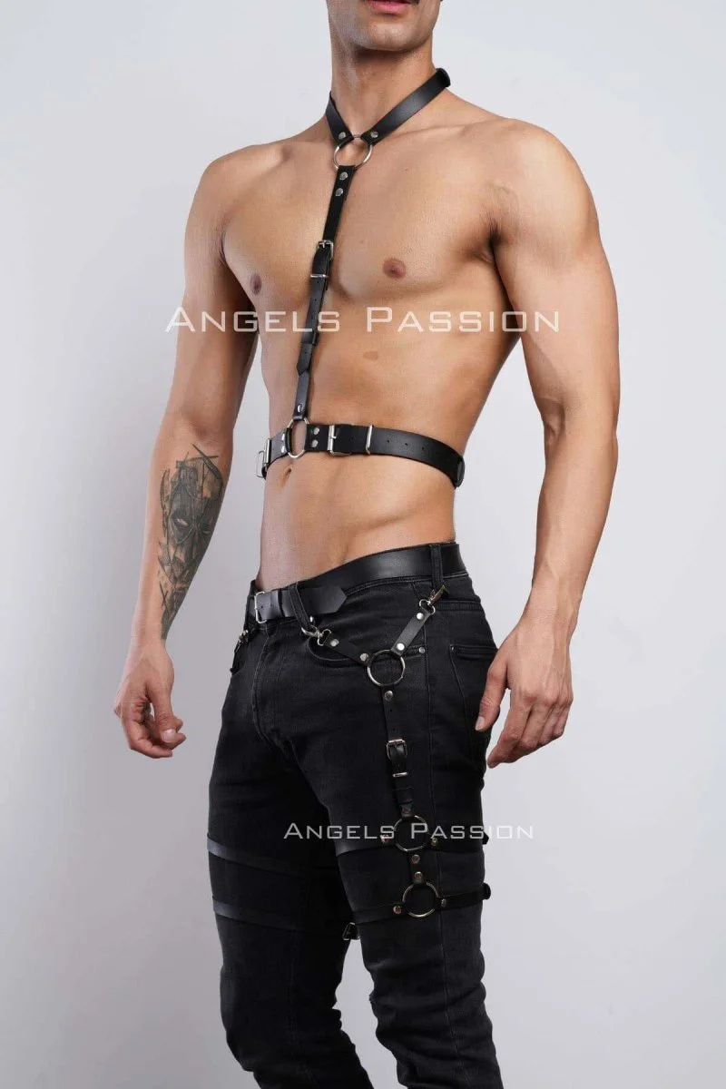 Erkek  Jartiyer Ve Göğüs Harness, Deri Erkek  Bacak Harness, Deri Göğüs Harness, Partywear, Clubwear - Brfm202
