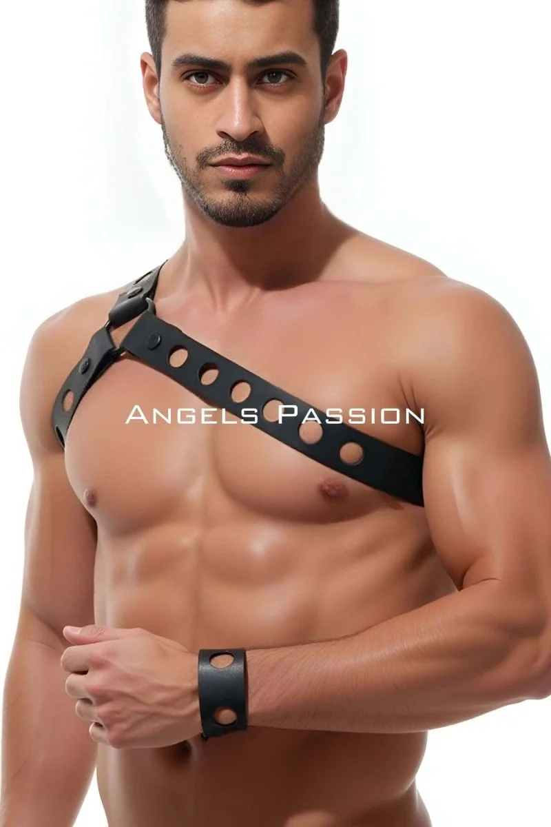 Yuvarlak Delik Detaylı Şık Erkek  Omuz Harness, Deri Omuz Harness - Brfm218
