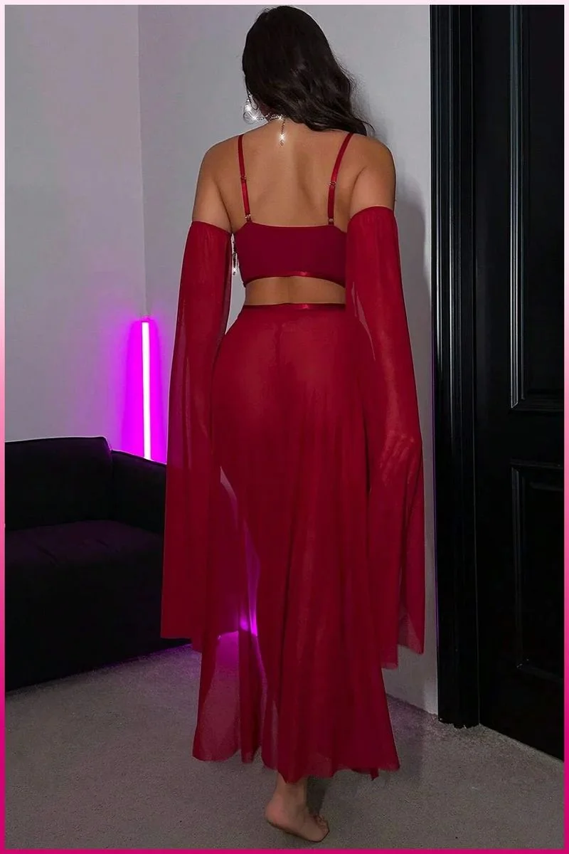 Bordo Pul Aksesuarlı Tül Etekli Kadın Seksi Gecelik