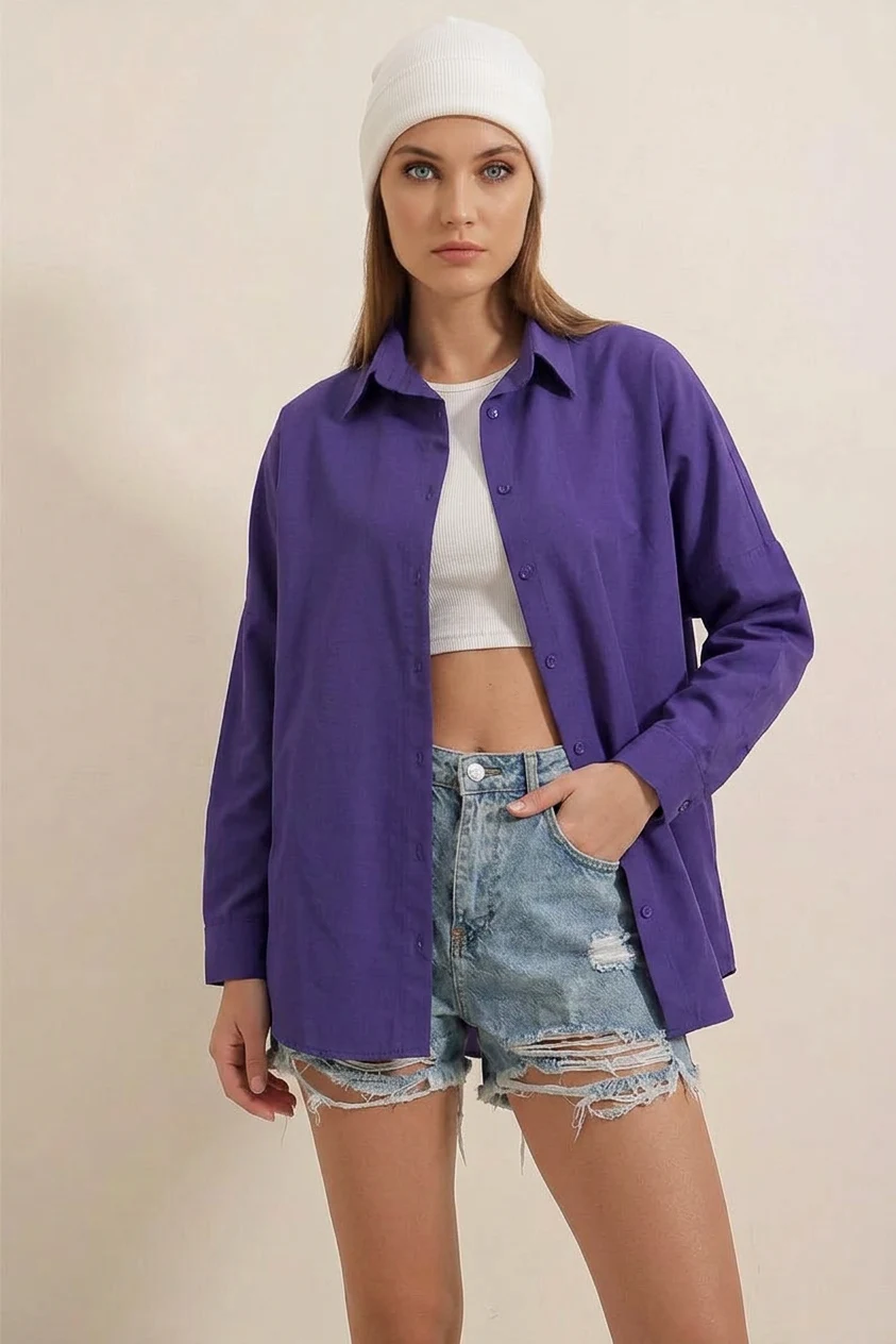 Kadın Oversize Basic Pamuklu Mor Gömlek