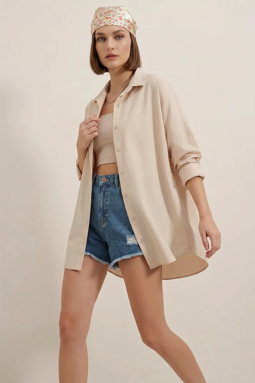 Kadın Oversize Basic Pamuklu Krem Gömlek