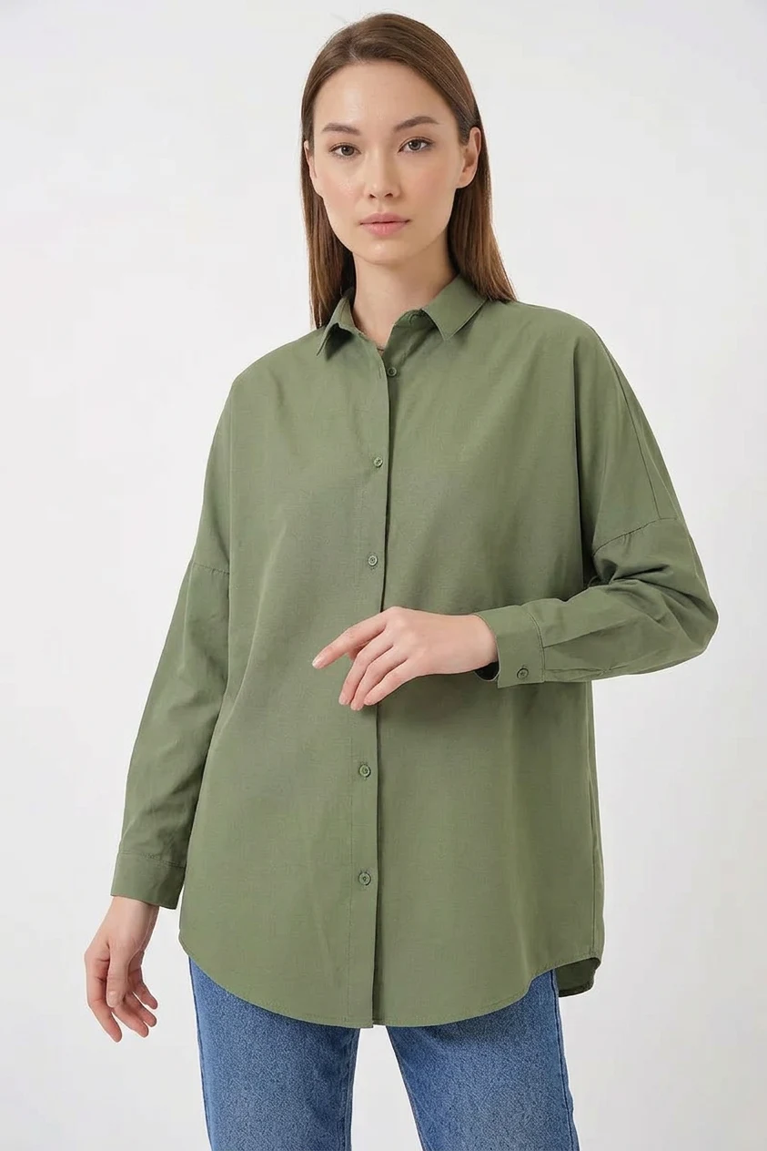 Kadın Oversize Kesim Basic Pamuklu Açık Haki Gömlek