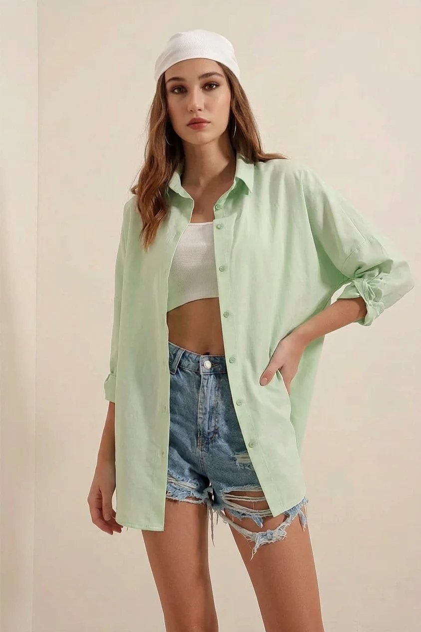 Kadın Uzun Kol Basic Oversize Pamuklu Çağla Yeşili Gömlek