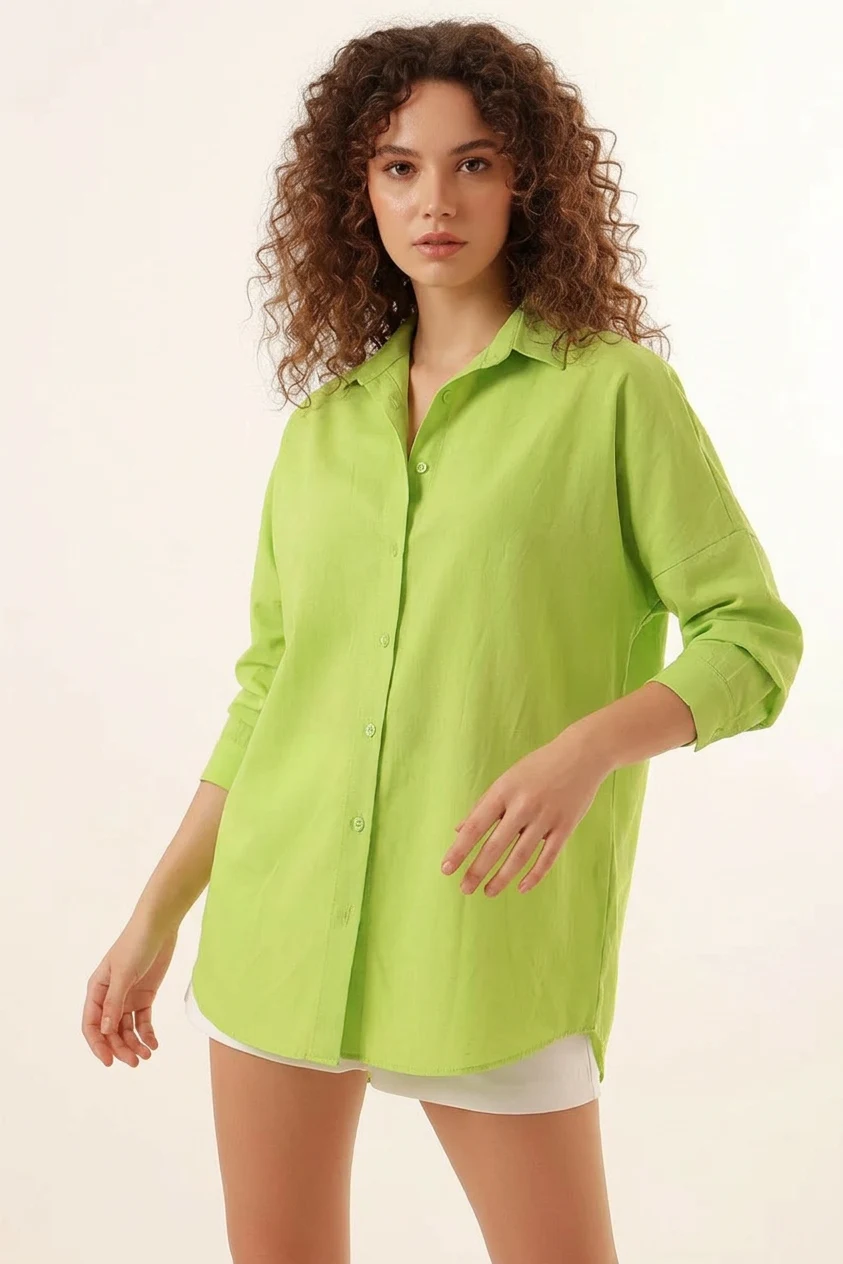 Kadın Oversize Kesim Basic Pamuklu Çağla Yeşili Gömlek