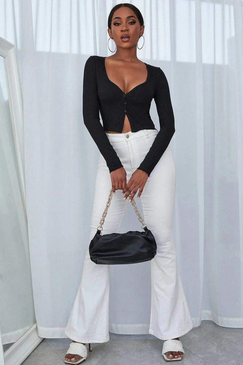 Kadın Siyah Uzun Kollu Düğmeli Göğüs Ve Göbek Dekolteli Crop Top Bluz