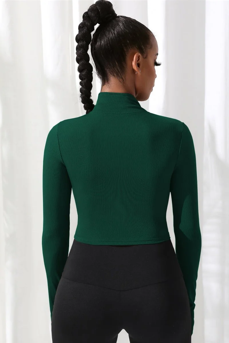 Kadın Yeşil Uzun Kol Fermuarlı Parmak Geçme Detaylı Dik Yaka Crop Top Bluz