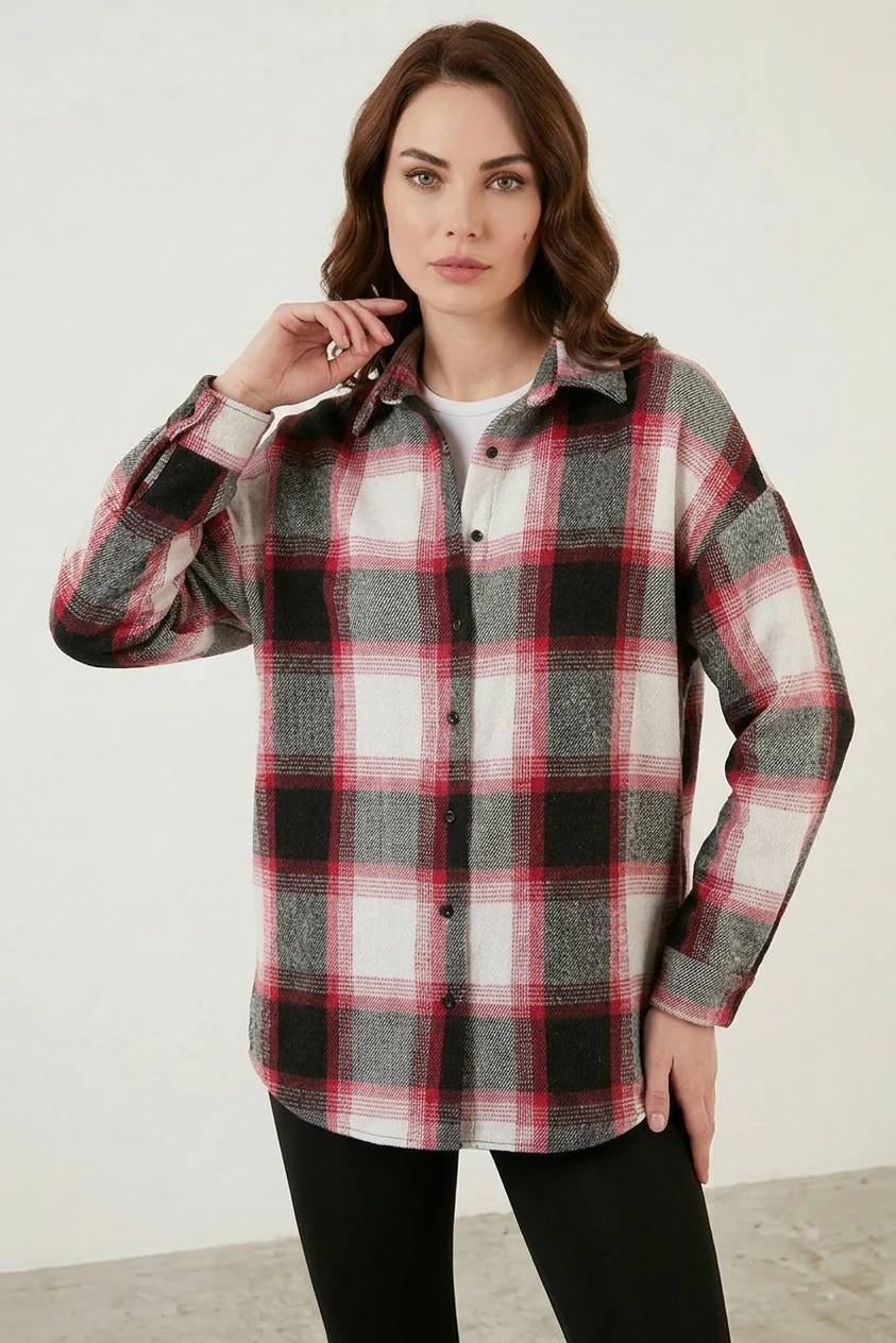 Kadın Oversize Ekose Desenli Pamuklu Kiremit Gömlek