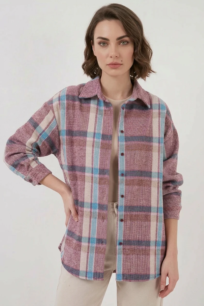 Kadın Oversize Ekose Desenli Pamuklu Pembe Gömlek