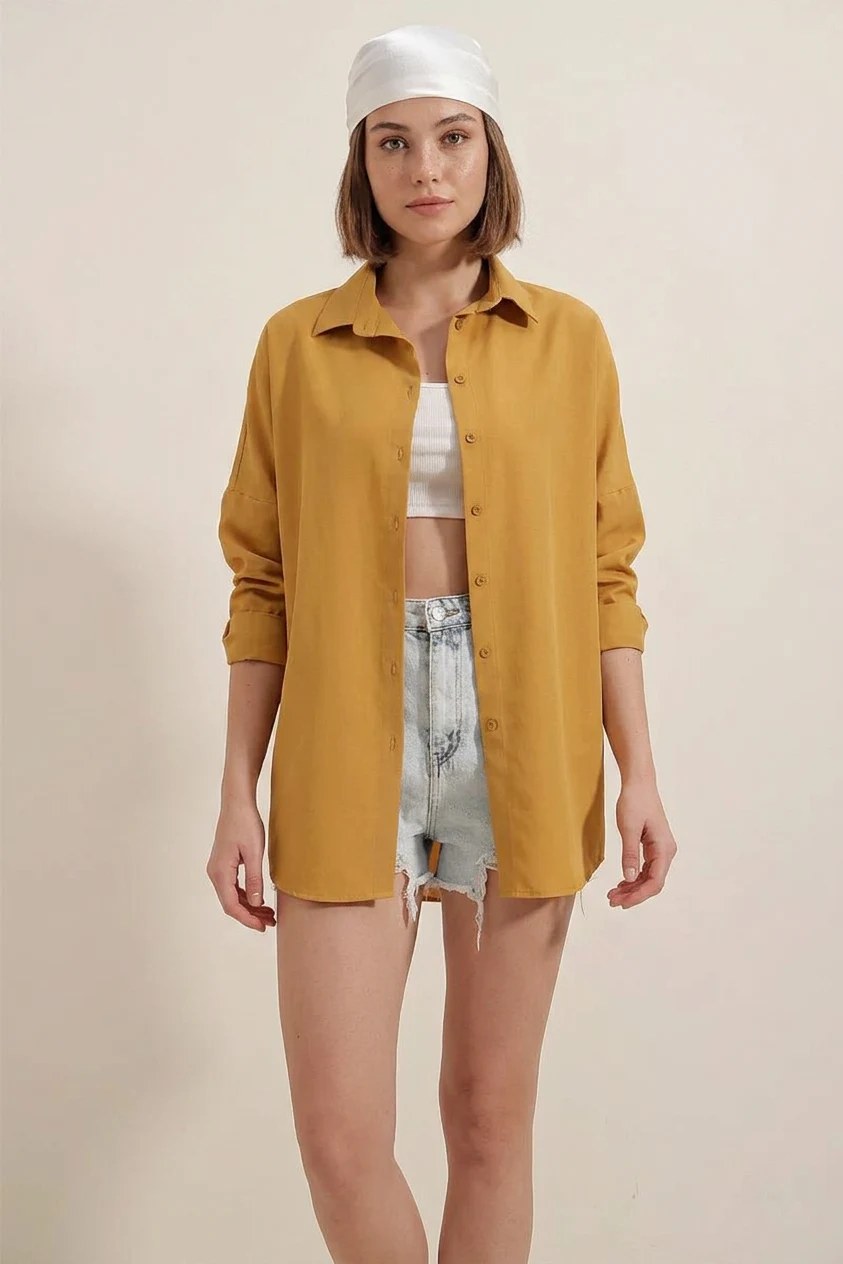 Kadın Oversize Basic Pamuklu Hardal Gömlek
