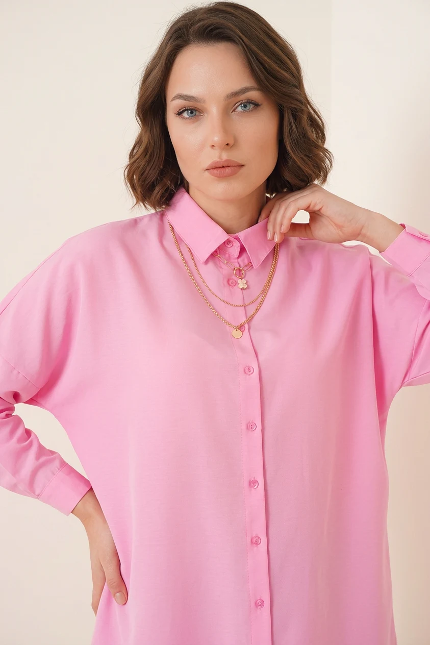 Kadın Gömlek Yaka Düğmeli Basic Pamuklu Pembe Tesettür Tunik