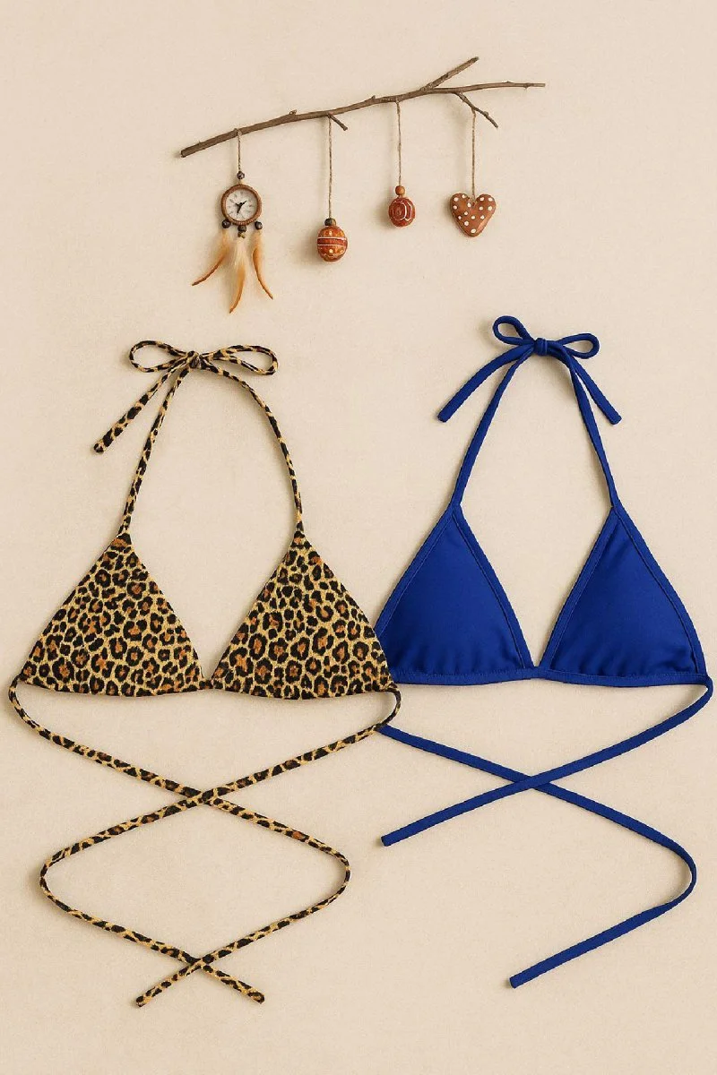 Kadın Leopar Desenli Ve Mavi Minimal Kesim Üçgen Bikini Üstü