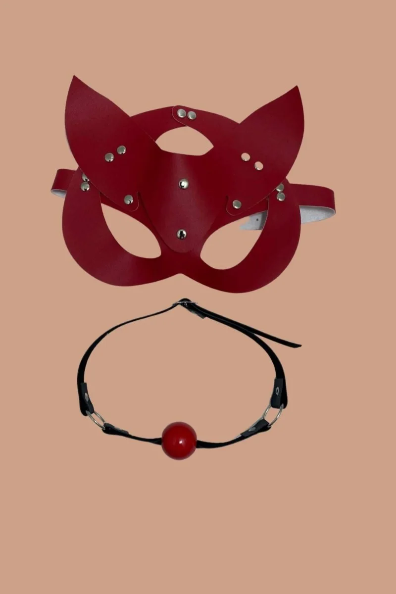 Kırmızı Deri Maske Ve Ağız Topu Harness Aksesuar