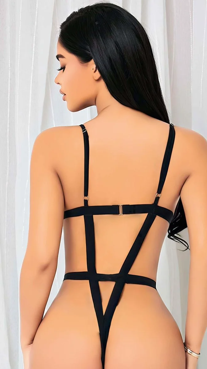 Siyah İp Detaylı Tül Fantezi Body