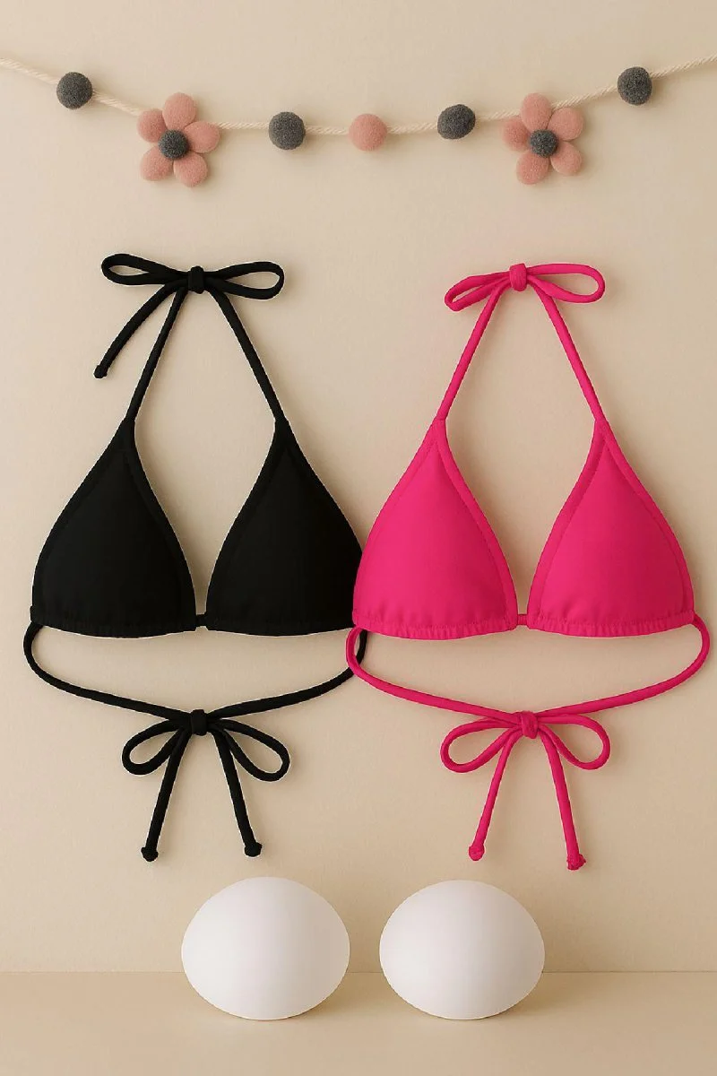 Kadın Siyah Ve Fuşya Minimal Kesim Üçgen Bikini Üstü