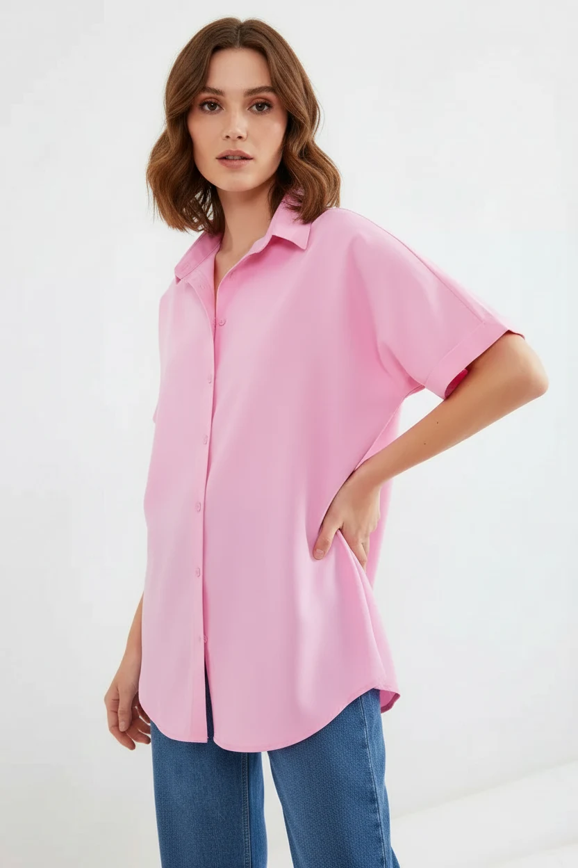 Kadın Kısa Kol Oversize Pamuklu Pembe Gömlek