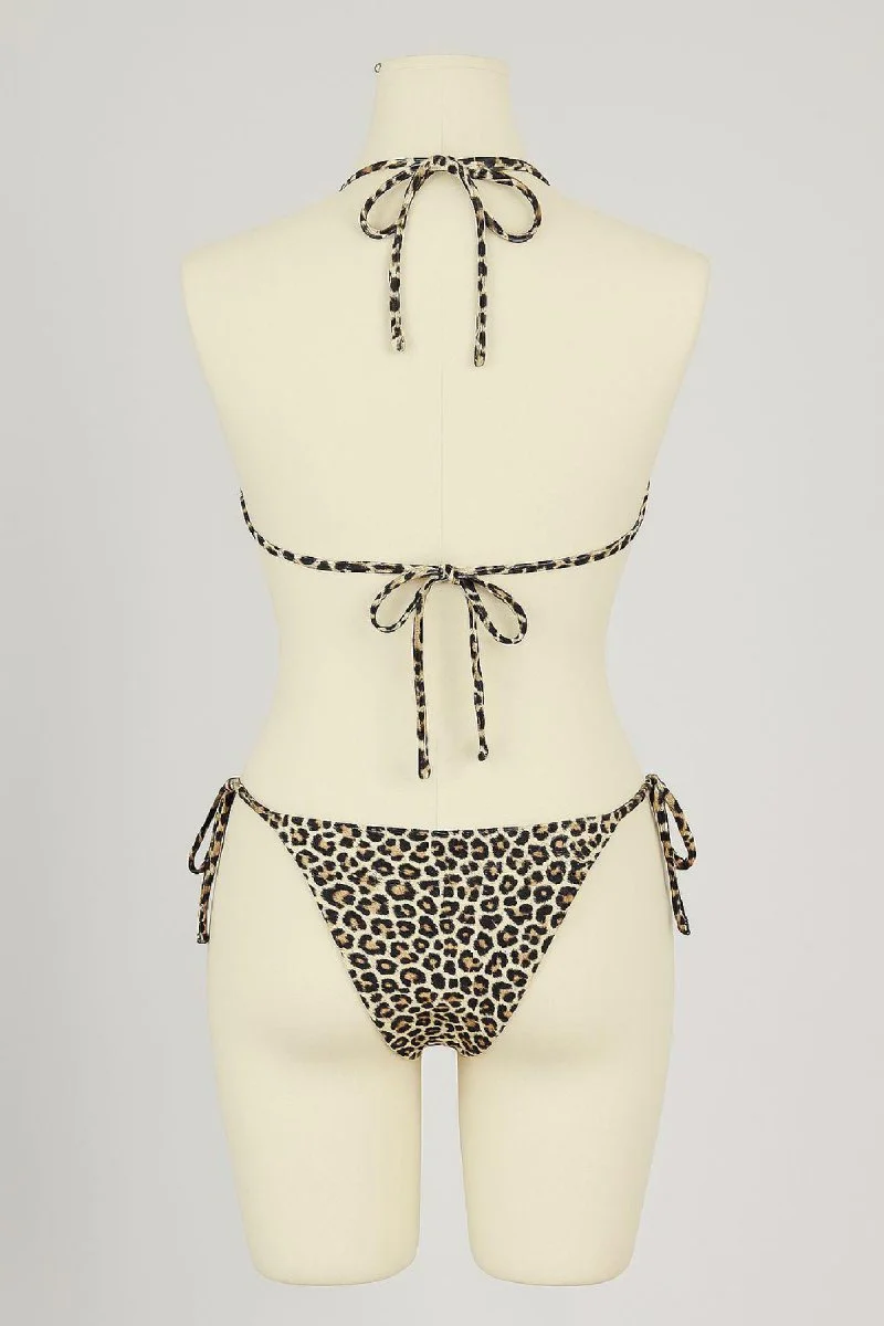 Kadın Siyah Ve Leopar Detaylı Yandan Bağlamalı Bikini Takımı
