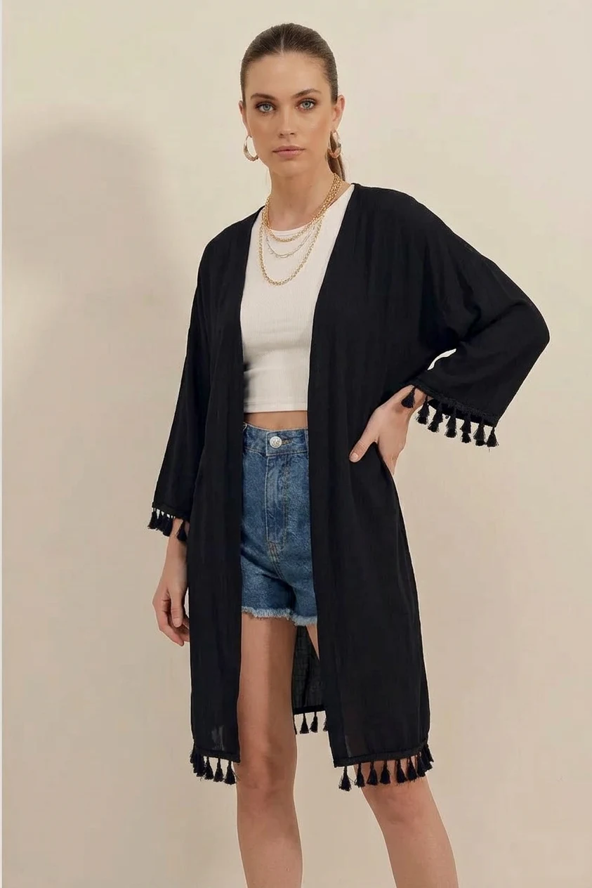 Kadın Fırfırlı Püsküllü Kol Detayı Etek Siyah Kimono
