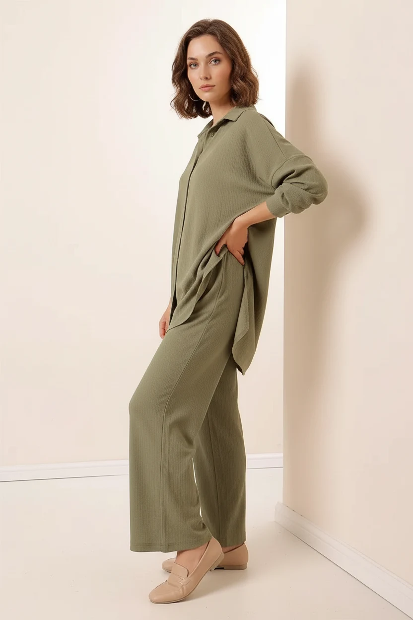 Kadın Gömlek Yaka Oversize Çağla Yeşili İkili Takım
