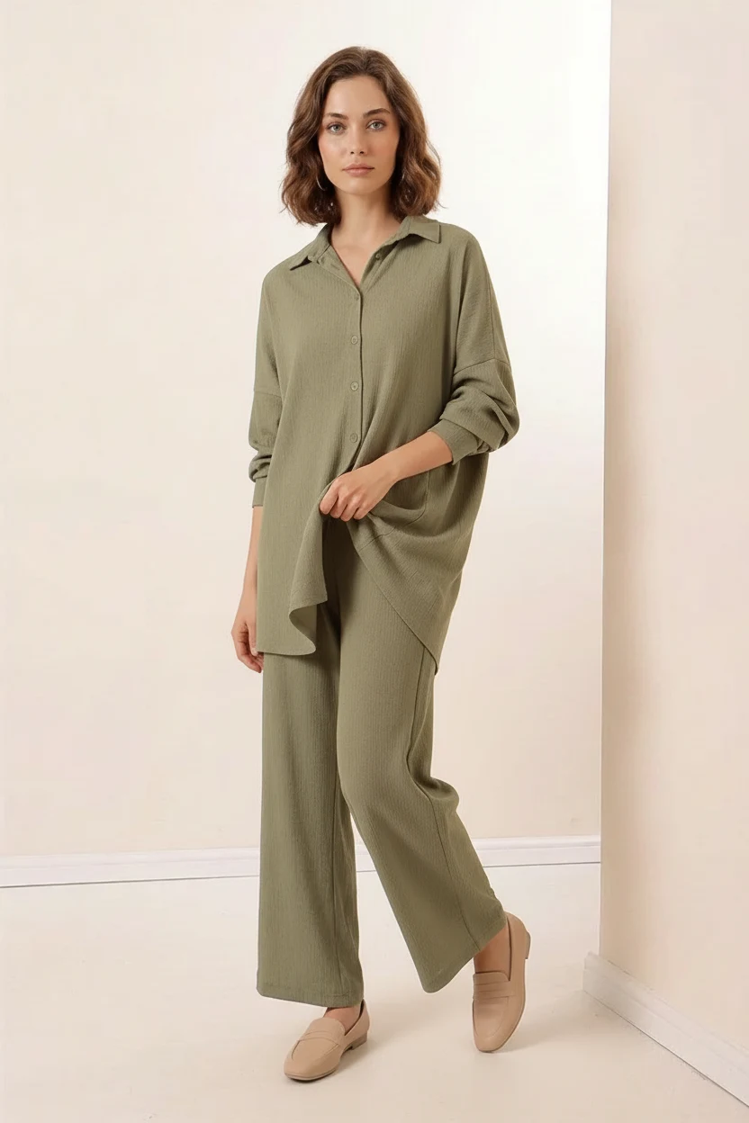 Kadın Gömlek Yaka Oversize Çağla Yeşili İkili Takım