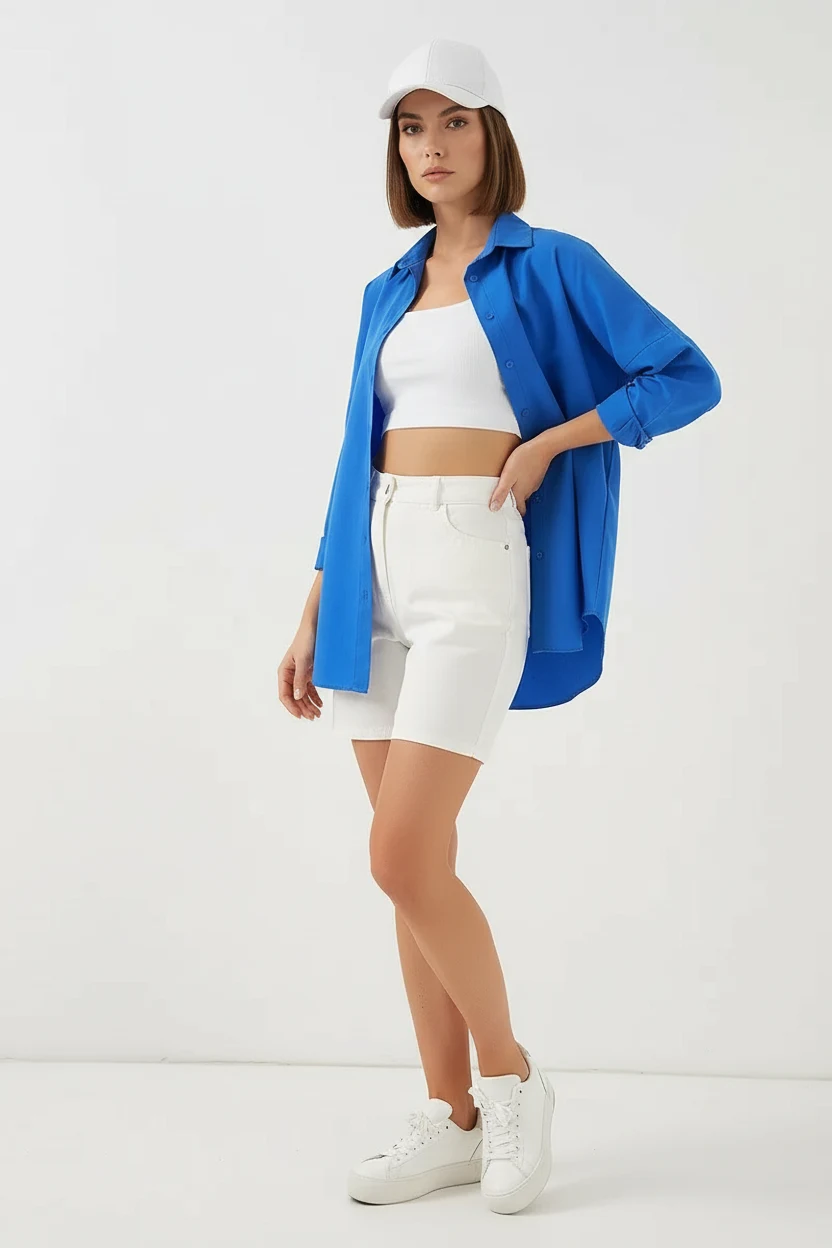 Kadın Uzun Kol Basic Oversize Pamuklu Mavi Gömlek