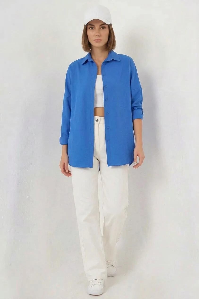 Kadın Uzun Kol Basic Oversize Pamuklu Mavi Gömlek