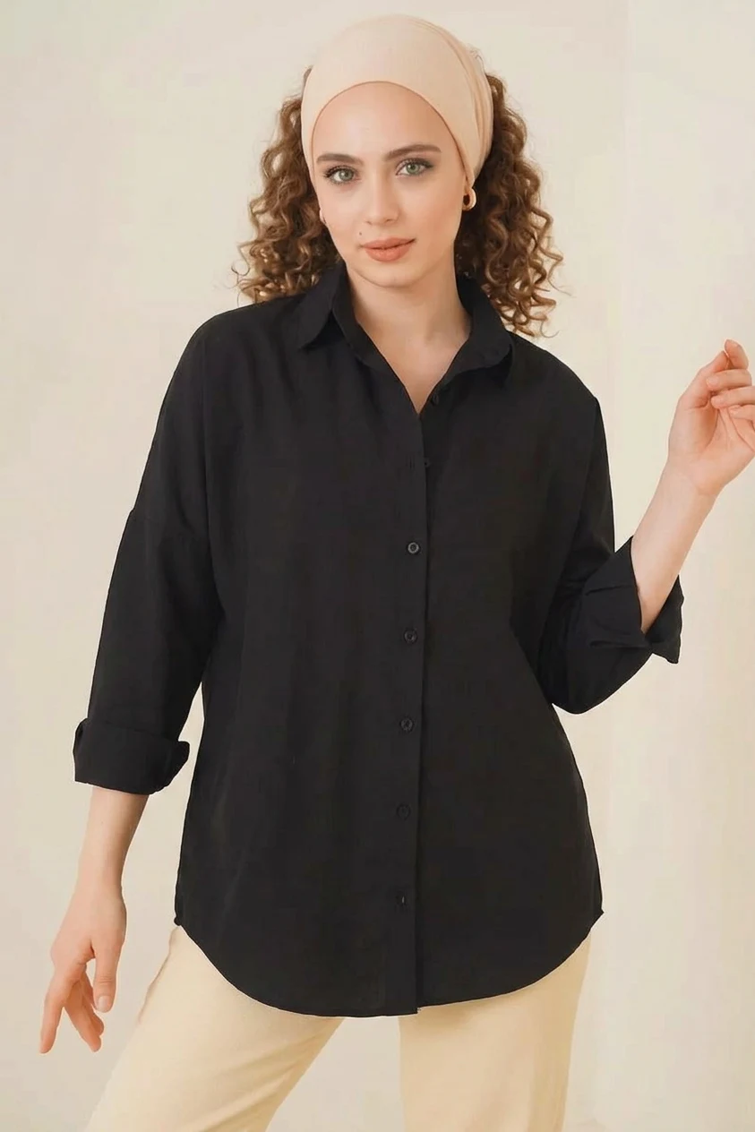 Kadın Oversize Kesim Basic Pamuklu Siyah Tesettür Gömlek