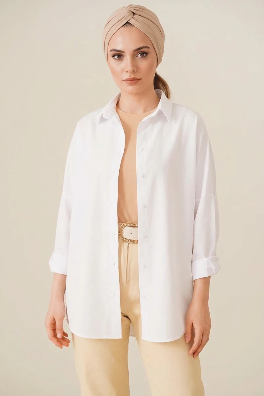 Kadın Oversize Basic Pamuklu Beyaz Tesettür Gömlek