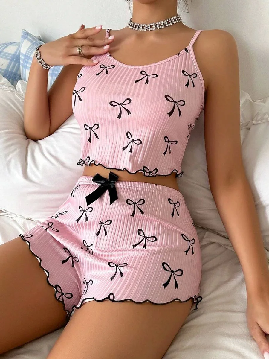 Kadın Siyah  Fiyonklu Şortlu Takım Mini Pembe Rahat