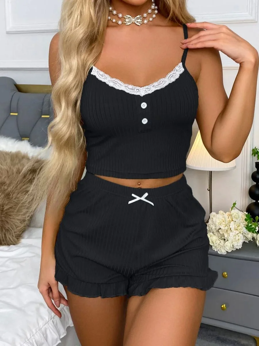 Siyah Likralı Düğmeli Yumuşacık 2li Pijama Takımı