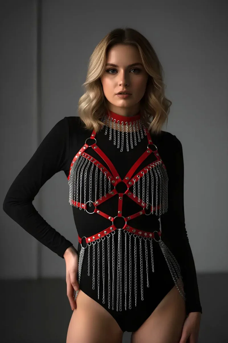 Deri Ve Zincir Detaylı Harness Takım, Deri Dansçı Kostüm, Choker Detaylı Deri Harness - Brf1397