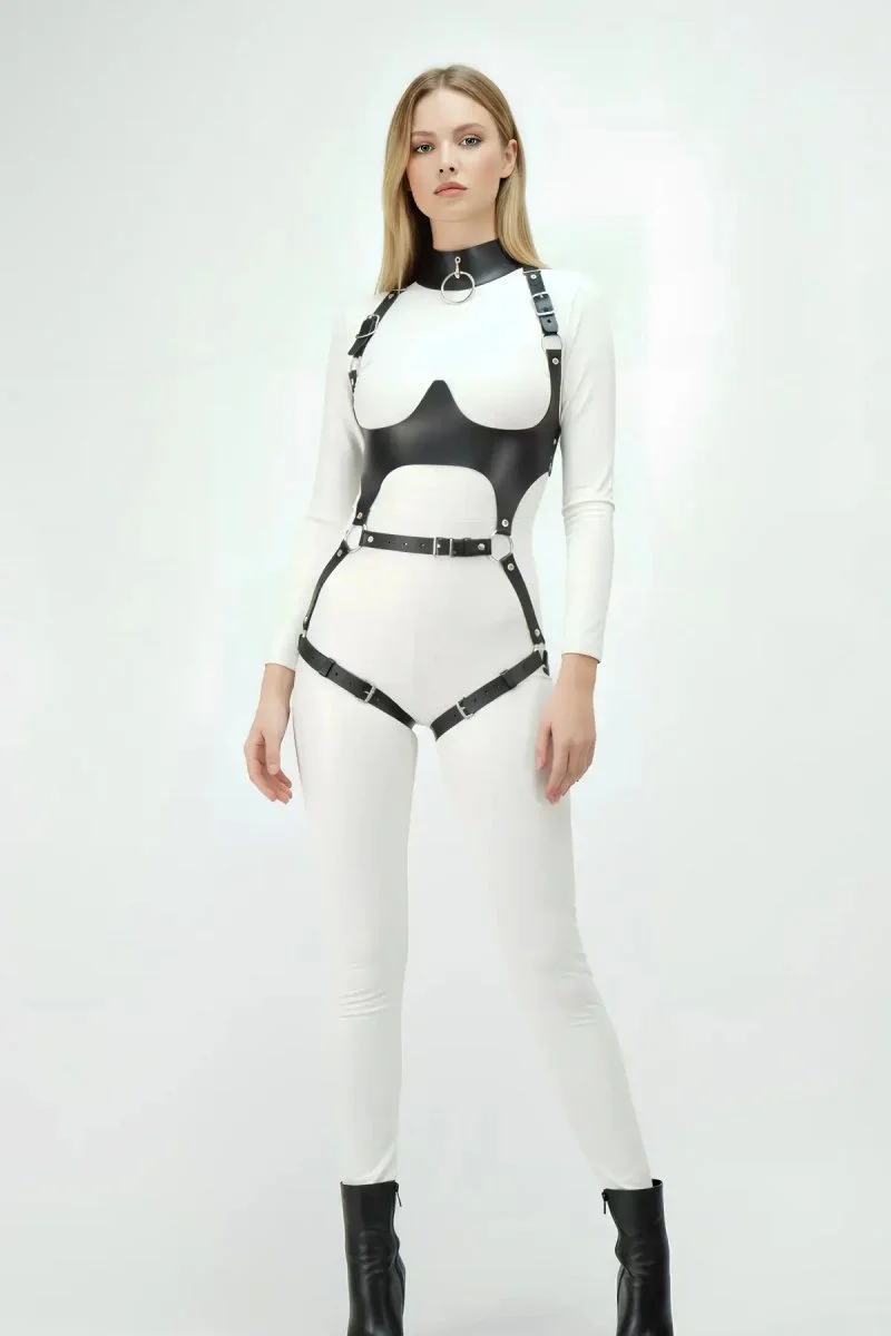 Deri Harness, Göğüs Altı Destekli Harness Takım, Deri Dansçı Kostüm - Brf1402
