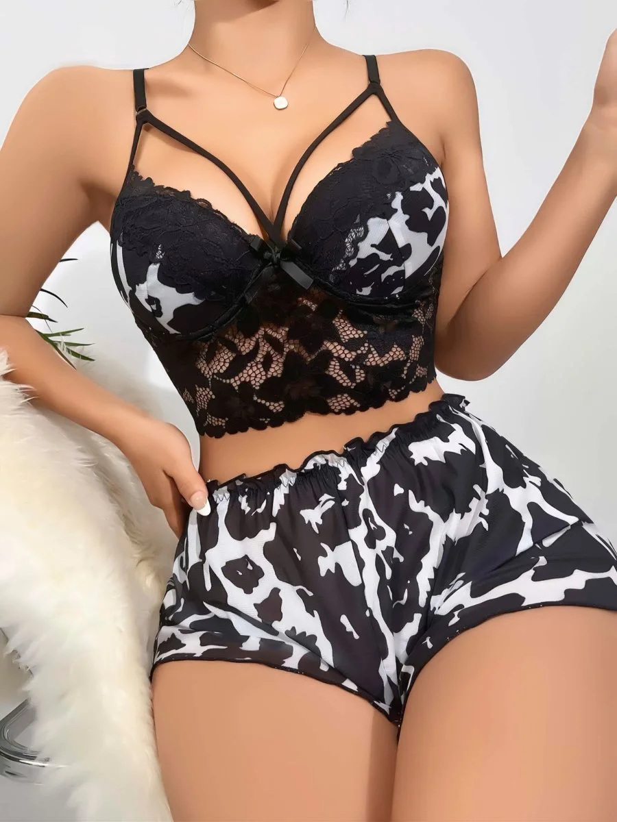 Kadın Leopar Dantel Detaylı Şortlu Gecelik Pijama Takımı 5055